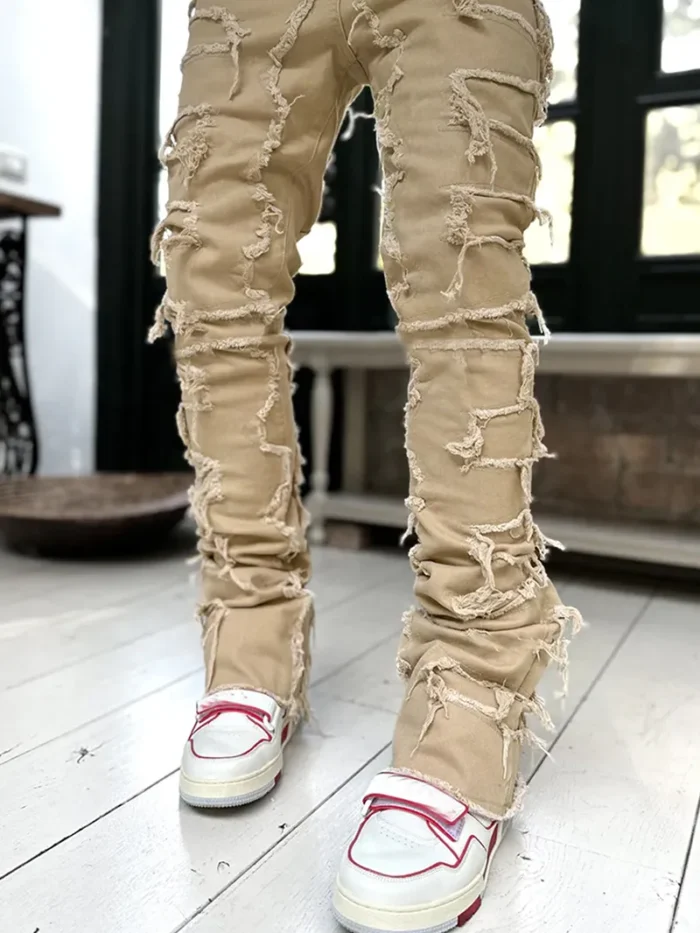 Men Trousers Individual Patched Pants Long Tight Fit Stacked Jeans For Mens Clothing - Image 1