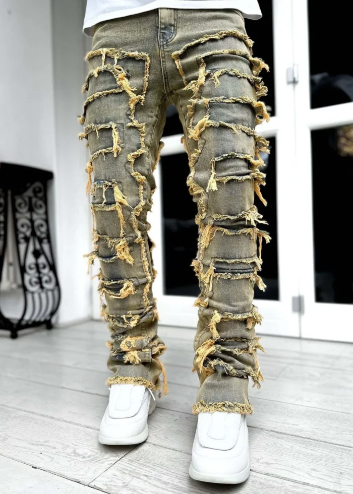 Men Trousers Individual Patched Pants Long Tight Fit Stacked Jeans For Mens Clothing - Image 14